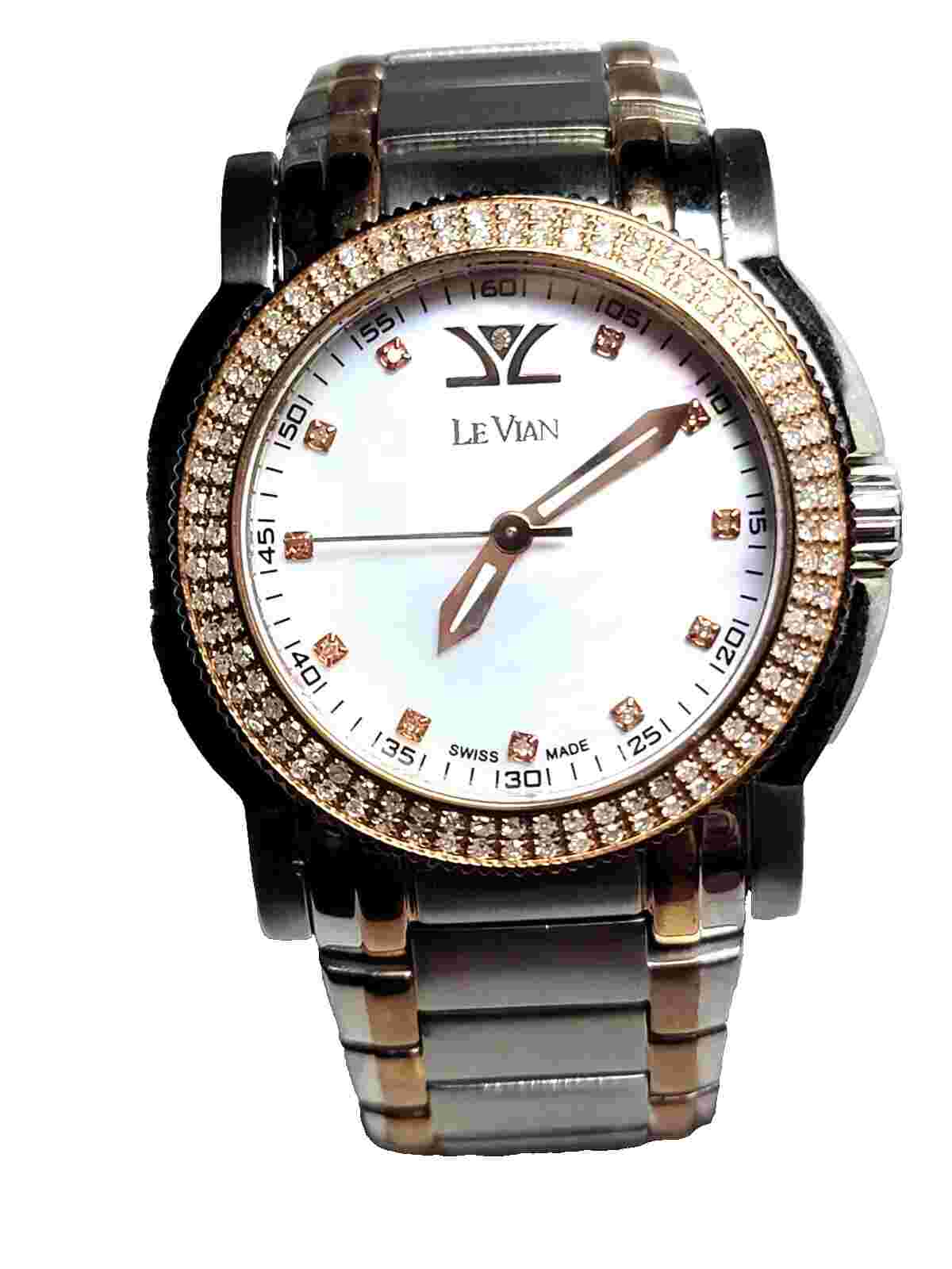 LE VIAN $3495 CHOCOLATE DIAMONDS MOP DIAL ROSE GOLD /SILVER SWISS WATCH LVM115