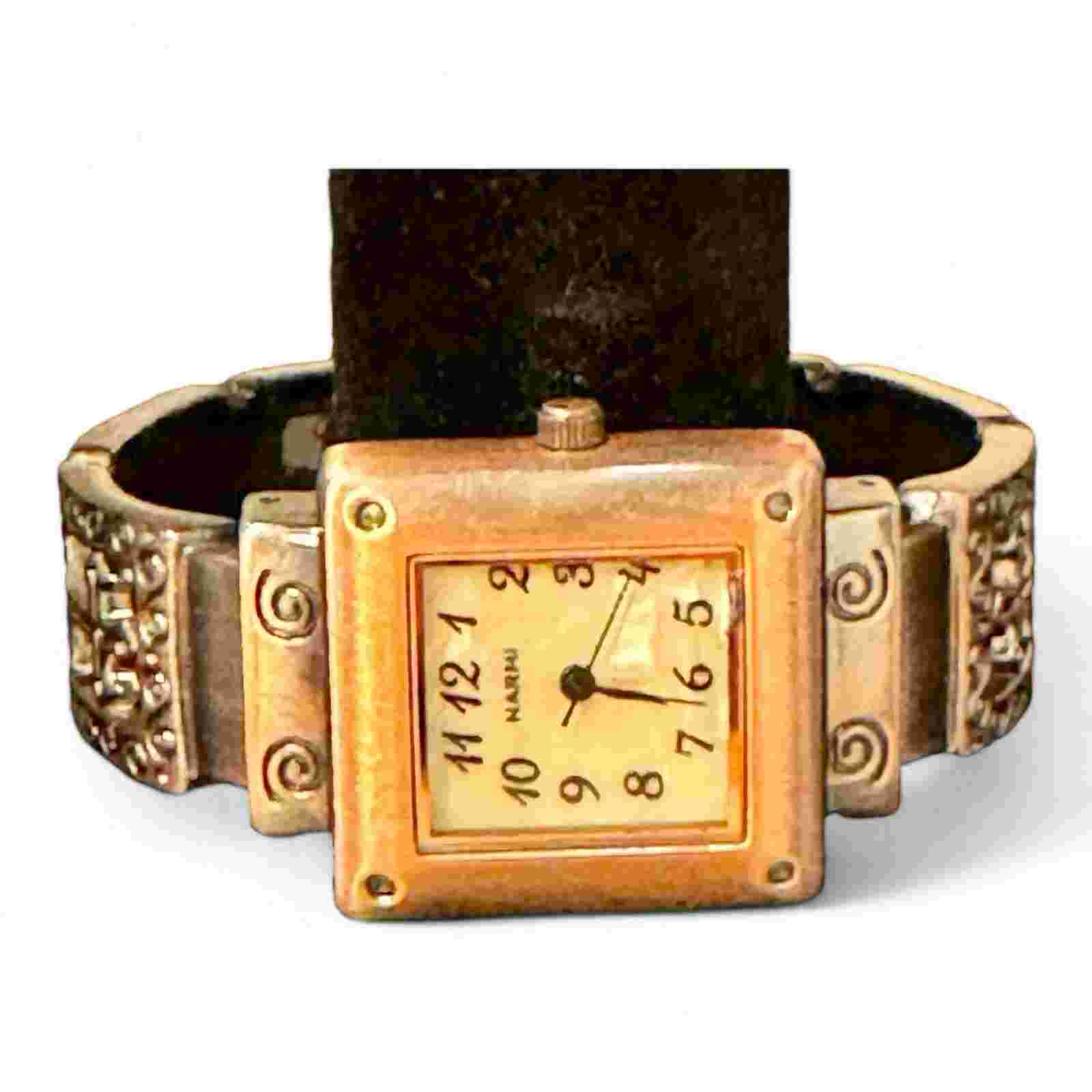 Narmi Bronze Tone Analog Faith Themed Hinged Cuff Watch—New Battery