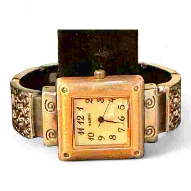 Narmi Bronze Tone Analog Faith Themed Hinged Cuff Watch—New Battery