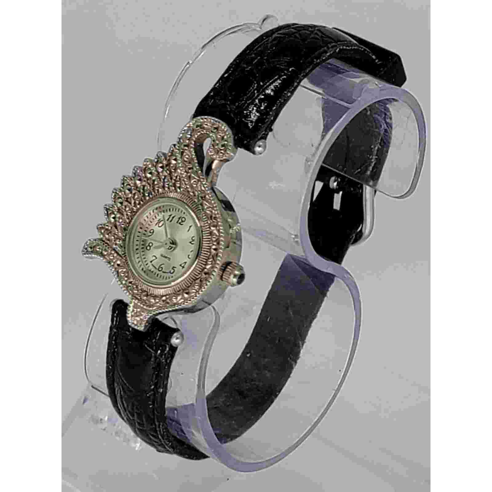 Avon Elegant Swan Black & Silver Toned Wristwatch w/ Adjustable Buckle Band