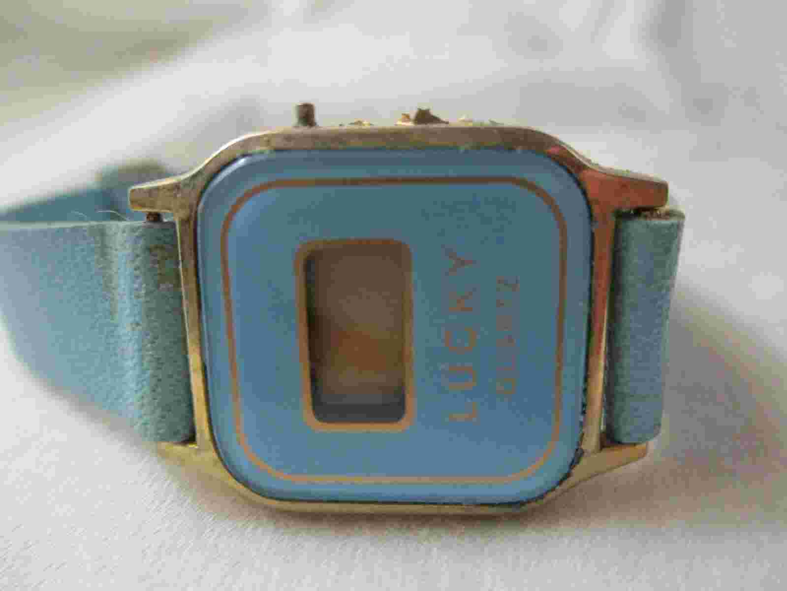 Lucky Digital Wristwatch Blue Buckle Band Gold Tone Rectangular Face