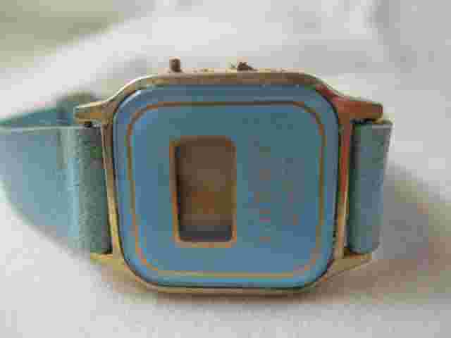 Lucky Digital Wristwatch Blue Buckle Band Gold Tone Rectangular Face