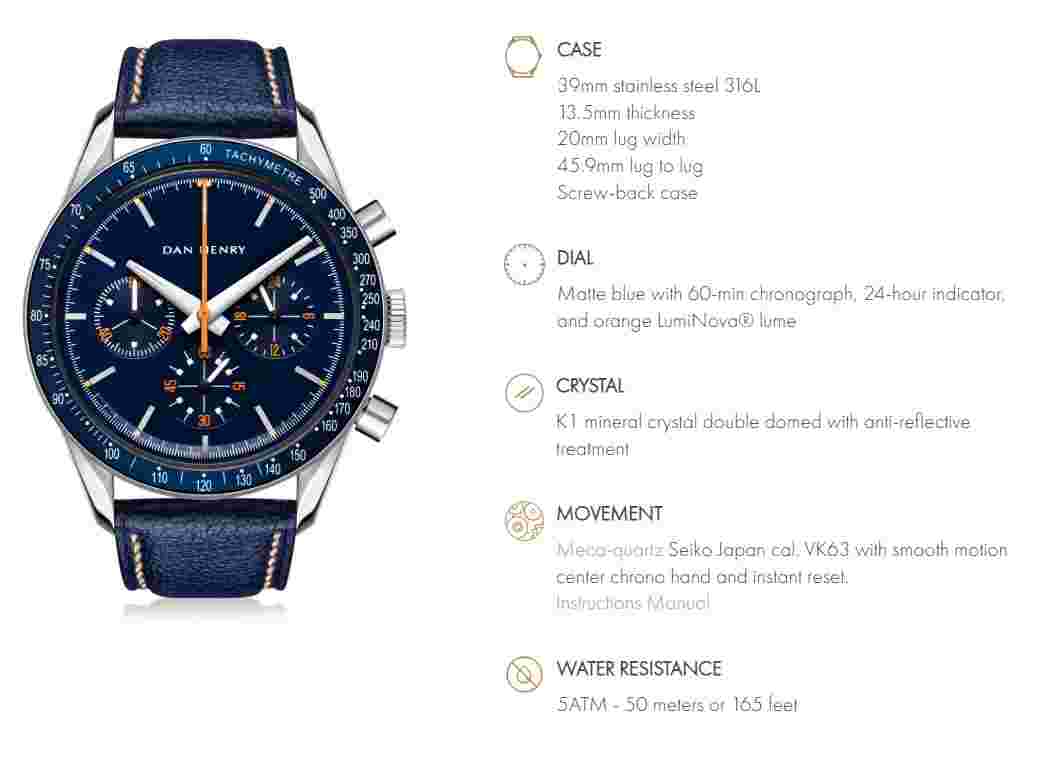 Watch Dan Henry 0615/1962 Gran Turismo Chronograph 50m Water Resistant Limited