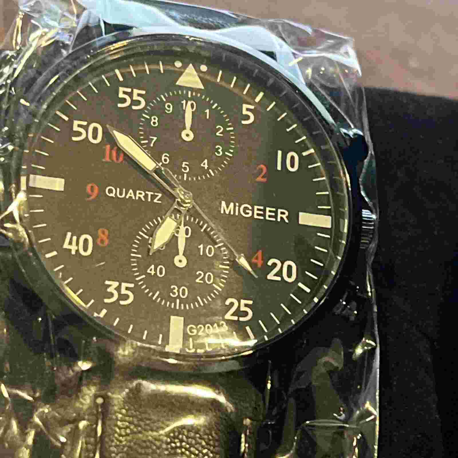 MIGEER Quartz Stainless Steel Black Faux Leather Band Analog Sports Watch NEW