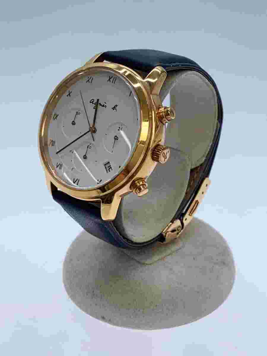 agnes b. Quartz Analog Classic White Face Navy Leather Sleek Excellent JAPAN