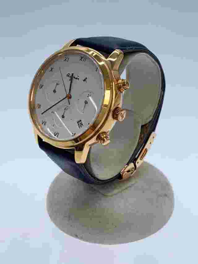 agnes b. Quartz Analog Classic White Face Navy Leather Sleek Excellent JAPAN