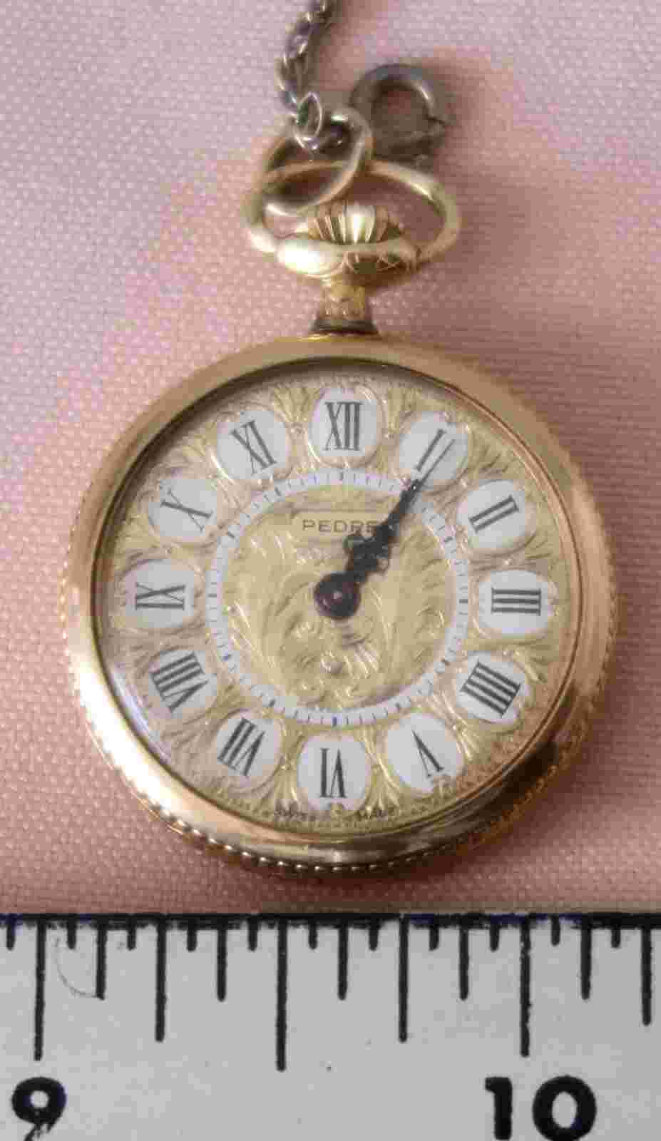 Vintage 1970s PEDRE PENDANT WATCH, gold w/18th century art motif girl swing
