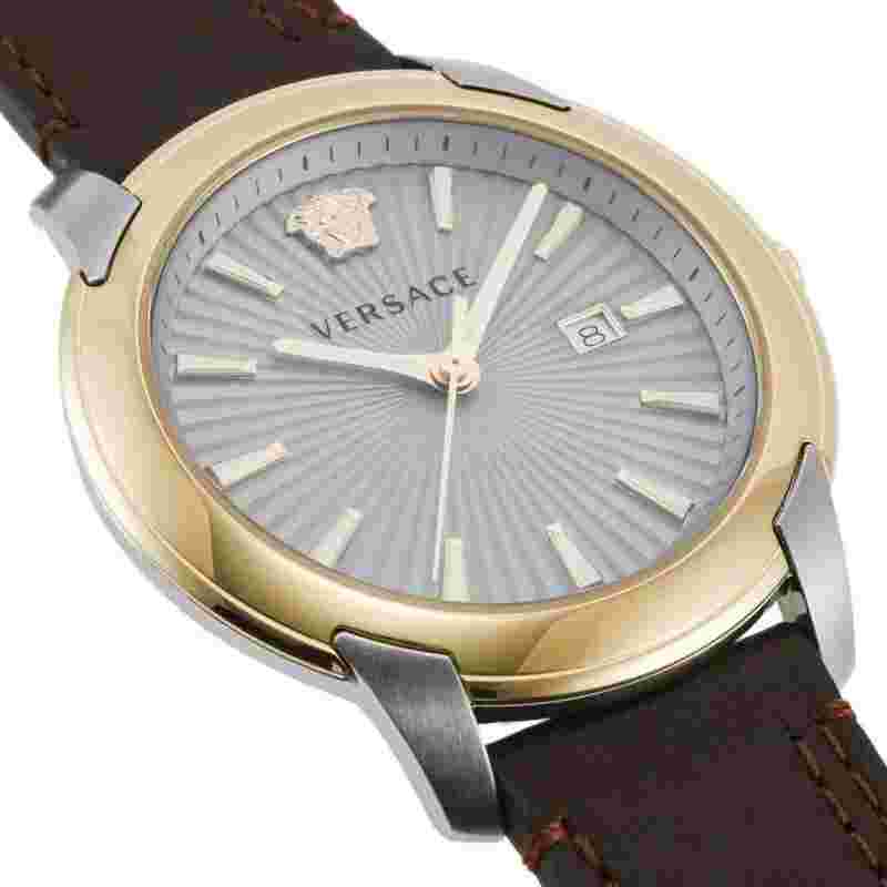 Versace V-urban 3h Men's Watch Brown Leather Gold Silver Steel 42mm VELQ00219