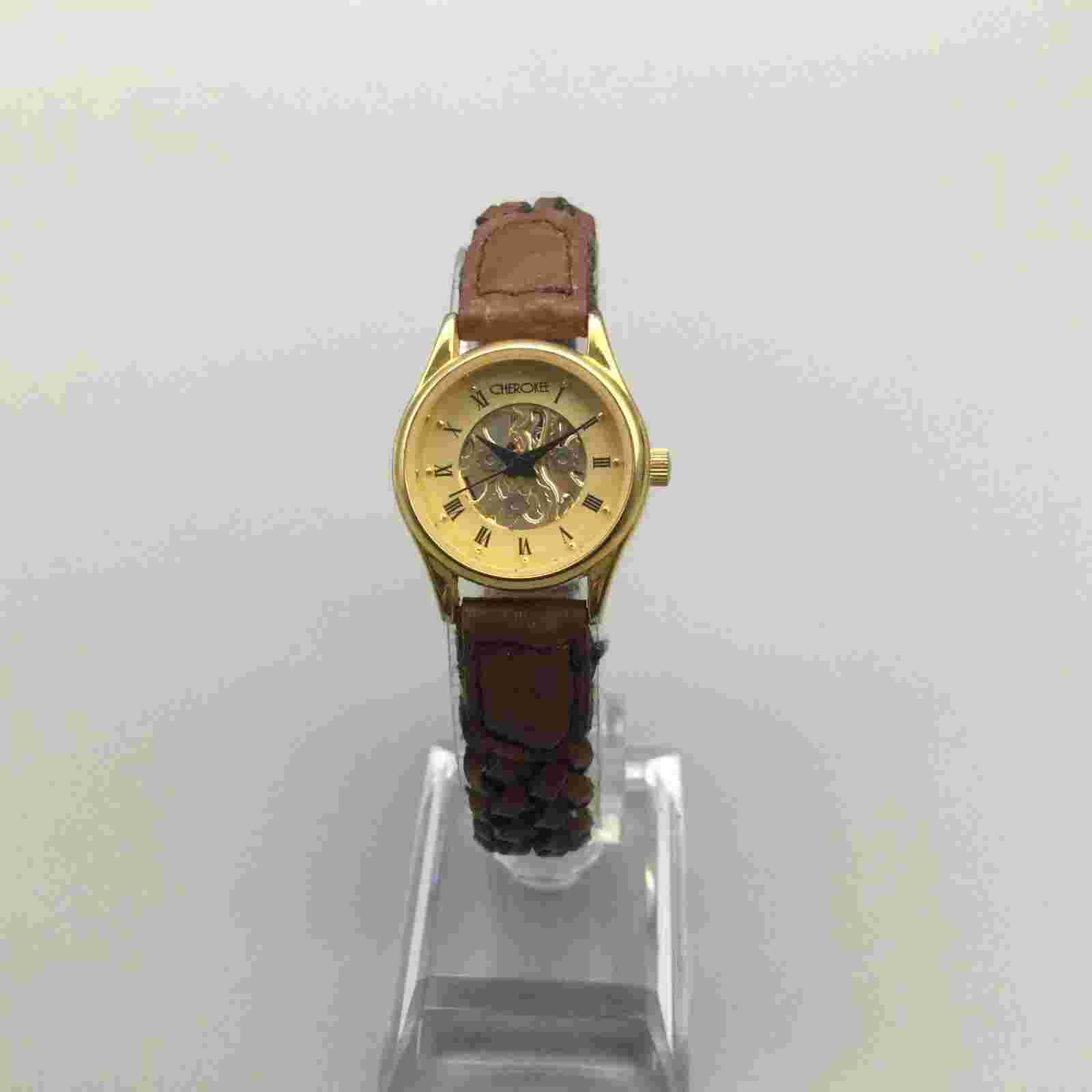 Vintage Cherokee Watch Women 24mm Gold Tone Faux Skeleton Leather New Battery