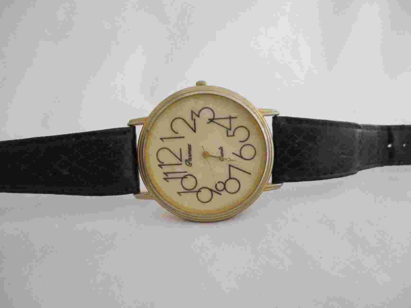 Parmex Analog Wristwatch Black Genuine Leather Buckle Band Round Face Gold Tone