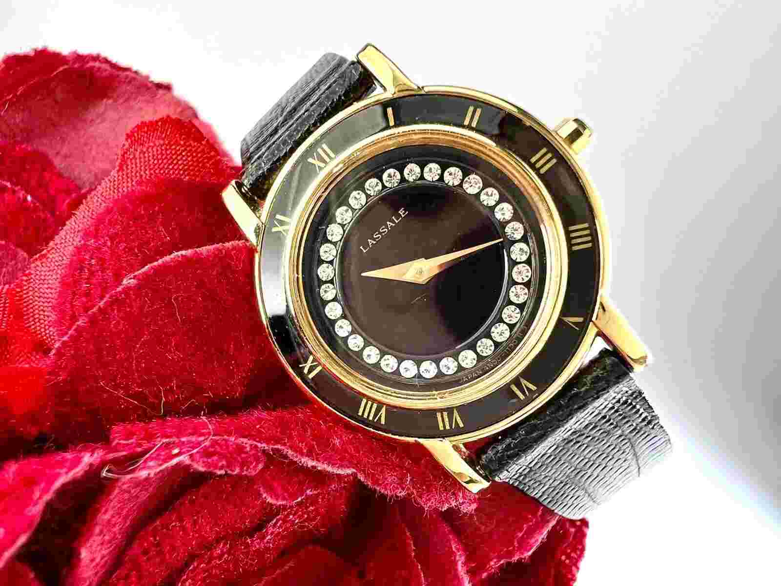 Vintage Lassale Woman's Watch 4N00-0469 Gold Tone Crystal Face Blk Leather Band