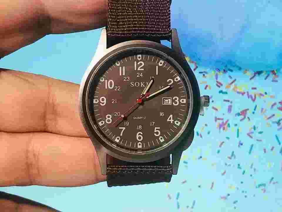 Men's Watch - SOKI - Silver Casing Brown Face & Canvas Band - Military Time/Date