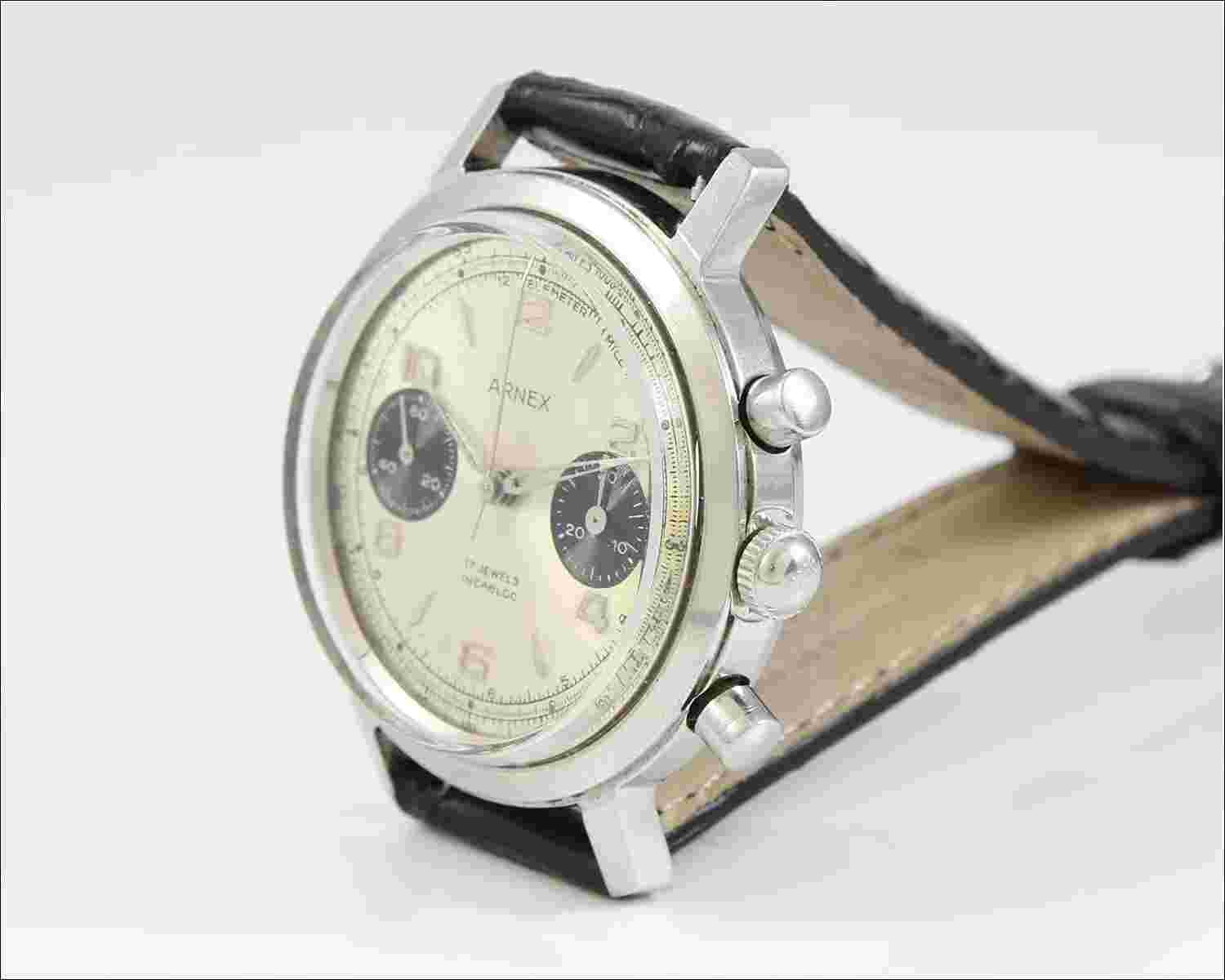 Vintage ARNEX Valjoux 7733 Manual Wind Stainless Chronograph Watch - Panda Dial
