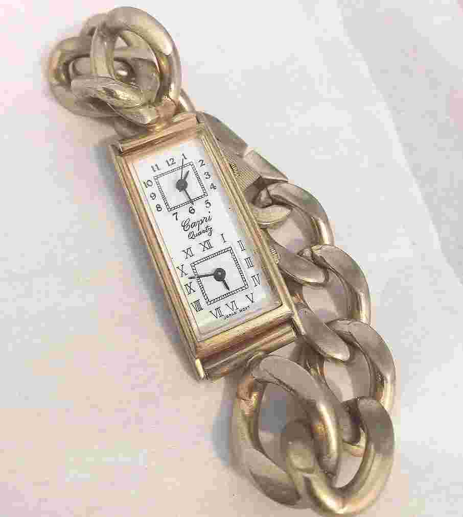 Vintage Capri Rectangle Quartz Watch Dual Time Chain Bracelet Watch WORKING