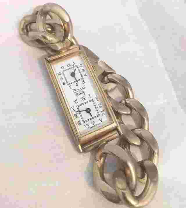 Vintage Capri Rectangle Quartz Watch Dual Time Chain Bracelet Watch WORKING