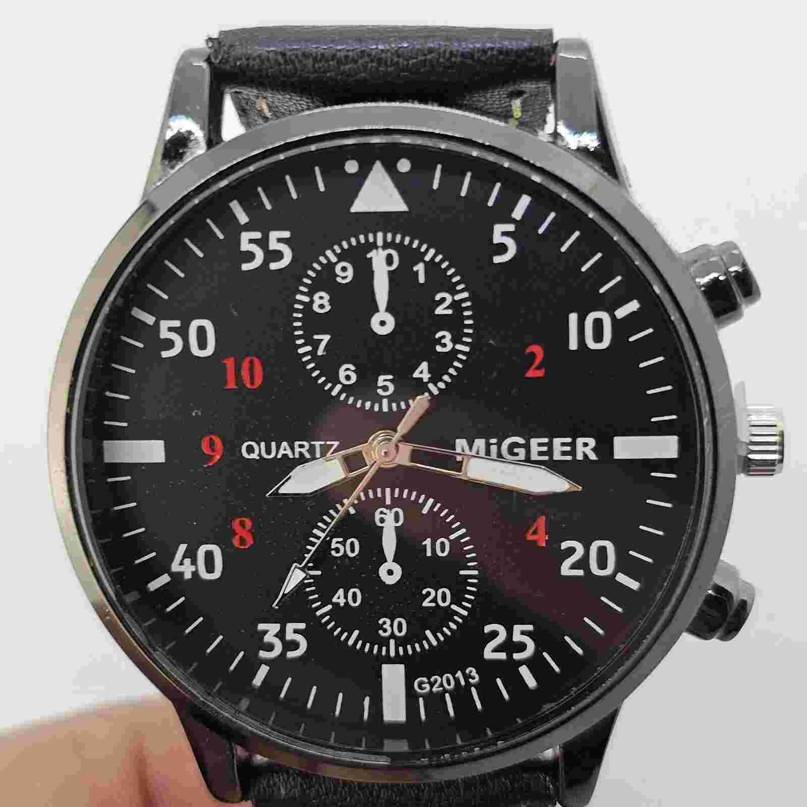Men's MiGEER Watch Black Dial 42MM Black Case Black Leather Bands
