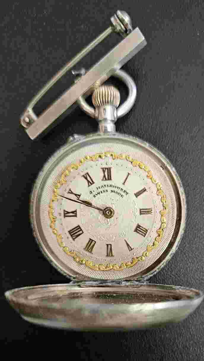 M. Haslehurst Sterling Silver Swiss Made Broach Pocket Watch England