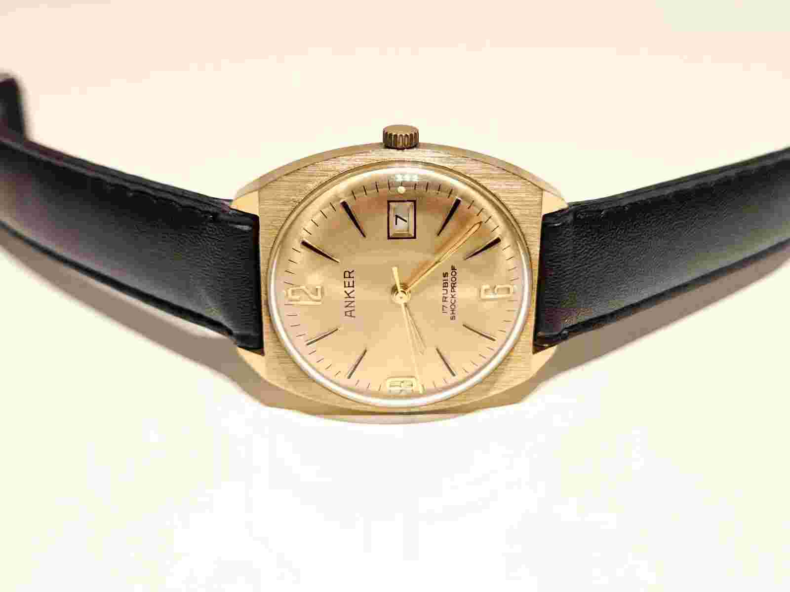 VINTAGE RARE LUXURY BEAUTIFUL SWISS GOLD PLATED MEN'S MECHANICAL WATCH "ANKER"