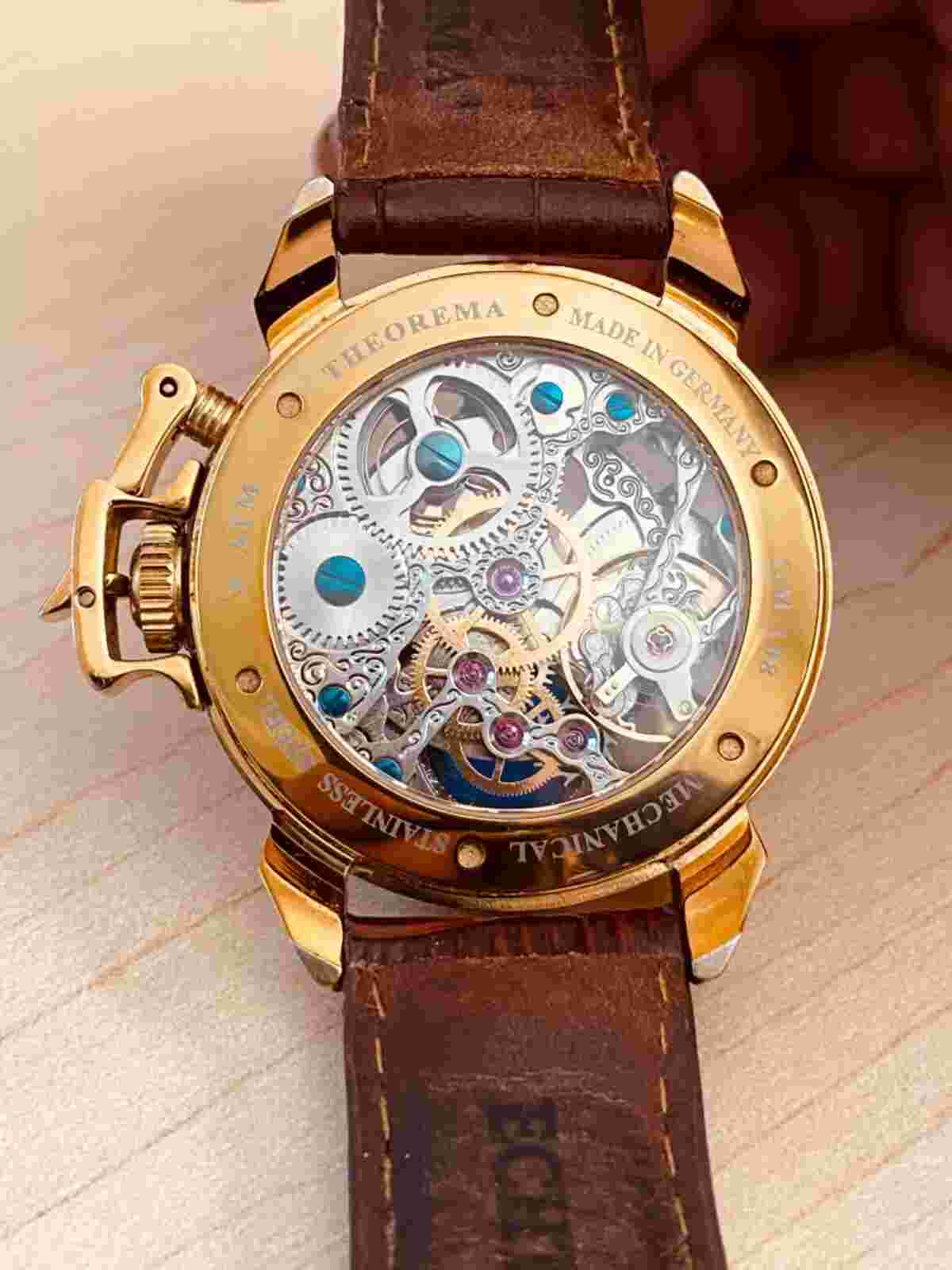 Theorema Oman GM-108 Watch Skeleton Dial Display Back Dual Time Tufina **READ**