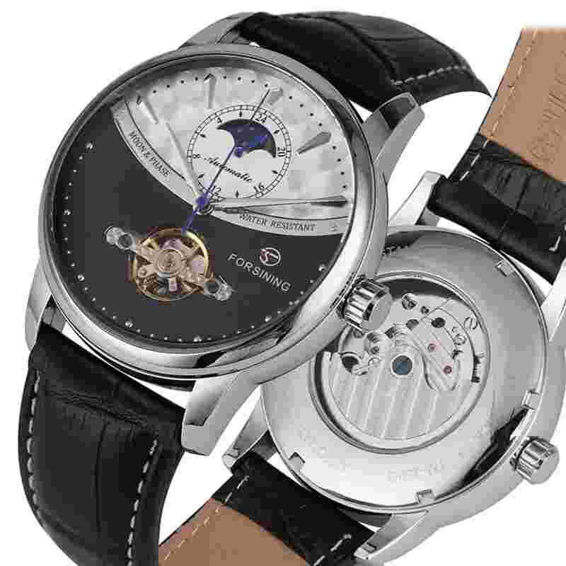 Forsining Men Automatic Mechanical Watch Tourbillon Moon Phase Dial Leather Band