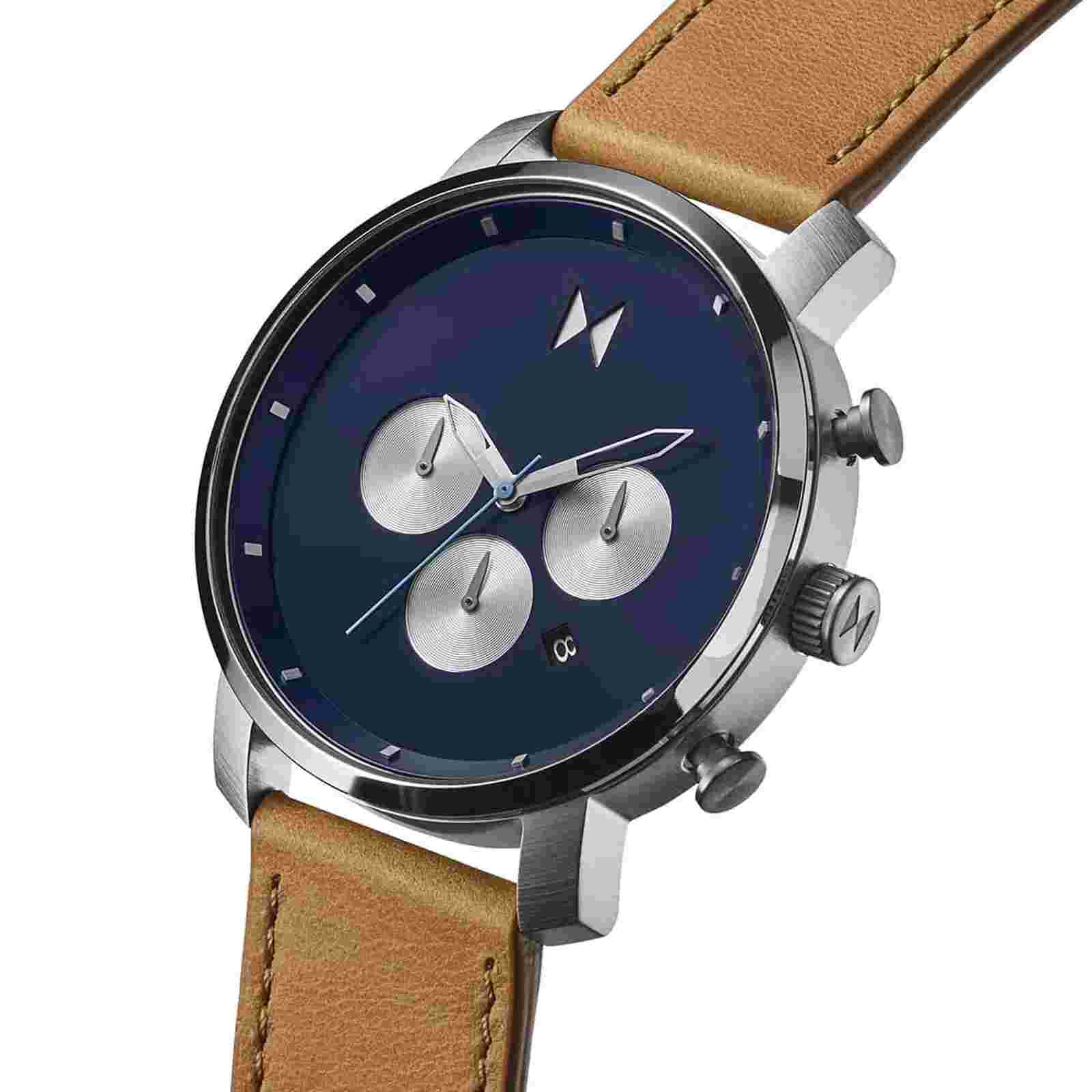 NEW✅ MVMT Chrono Manta Blue Date Dial Brown Leather Men's Watch 28000288 $195