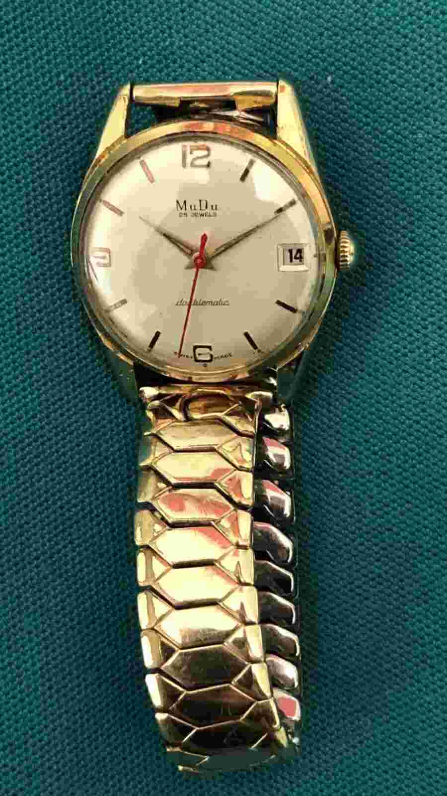Vintage MuDu 25 Jewels Doublematic Watch. Working. Rolled gold strap and bezel