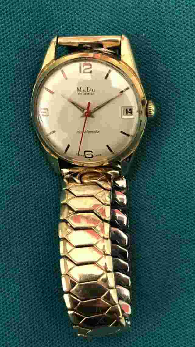 Vintage MuDu 25 Jewels Doublematic Watch. Working. Rolled gold strap and bezel