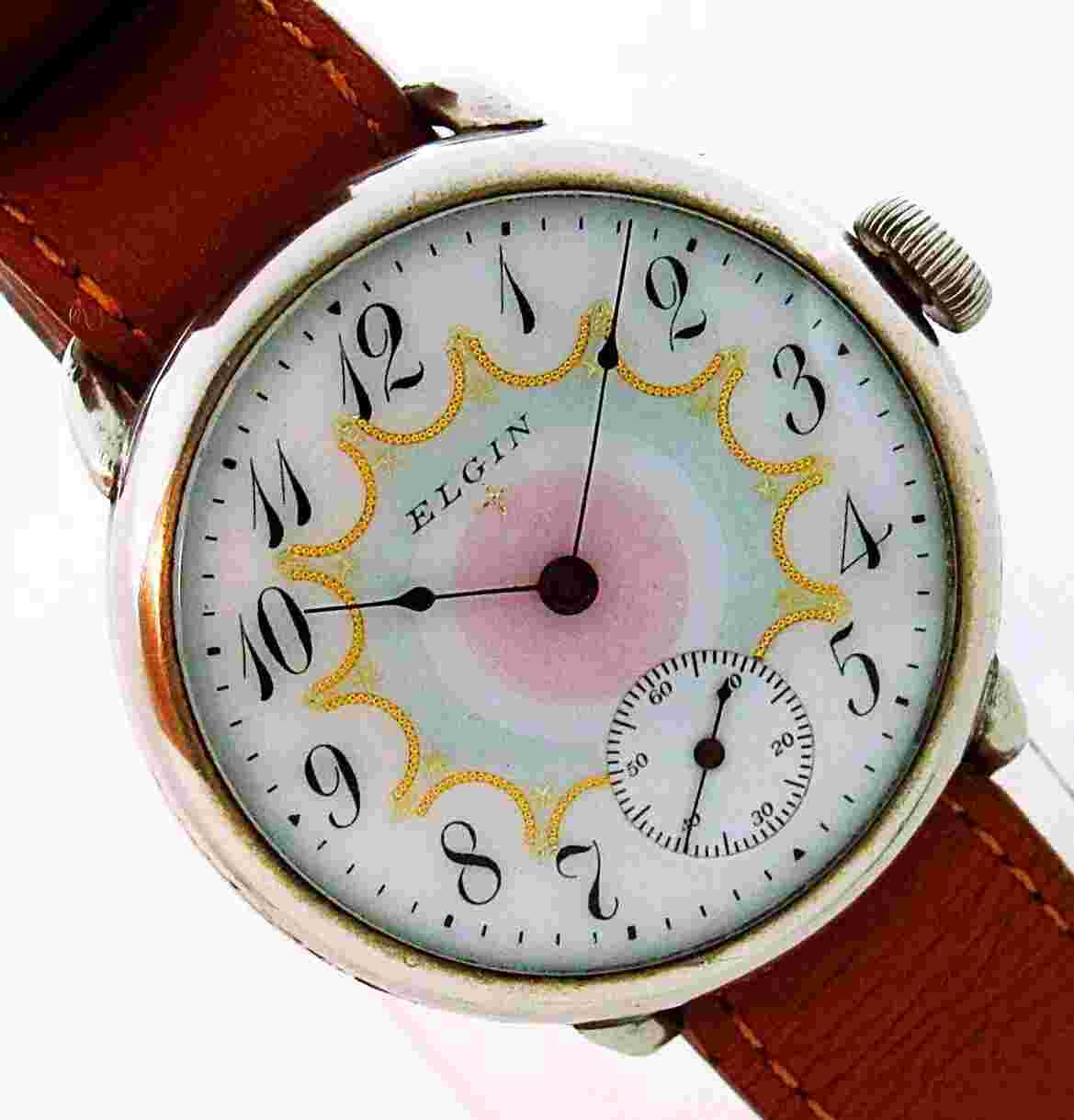 6s Elgin Multi-Color Dial Highly Damascened Movement Wire Lugs Wristwatch. Rare