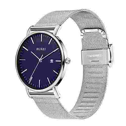 BUREI Men's Watch Japanese Quartz Stainless Steel Band, Blue Silver, Superb