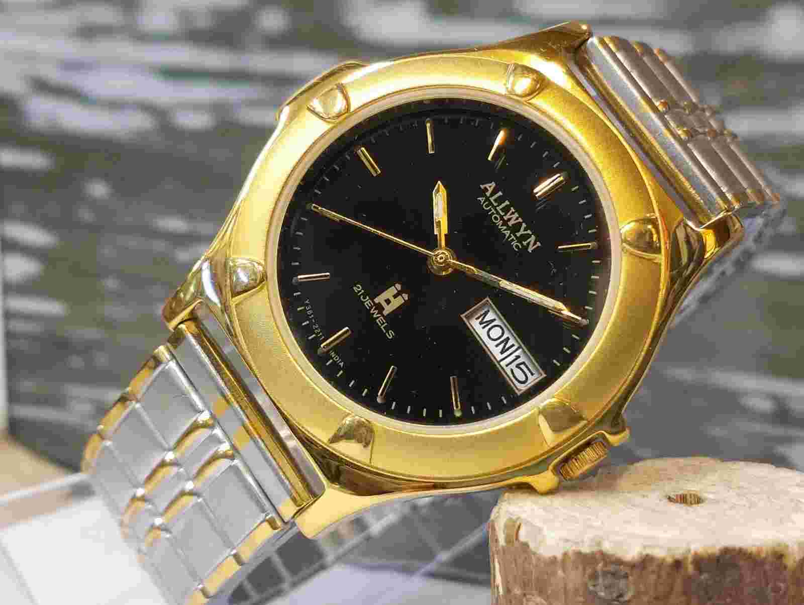 ALLWYN 21 JEWELS AUTOMATIC NOS BLACK DIAL Y381-8460 INDIA MEN FULL WORKING MINT