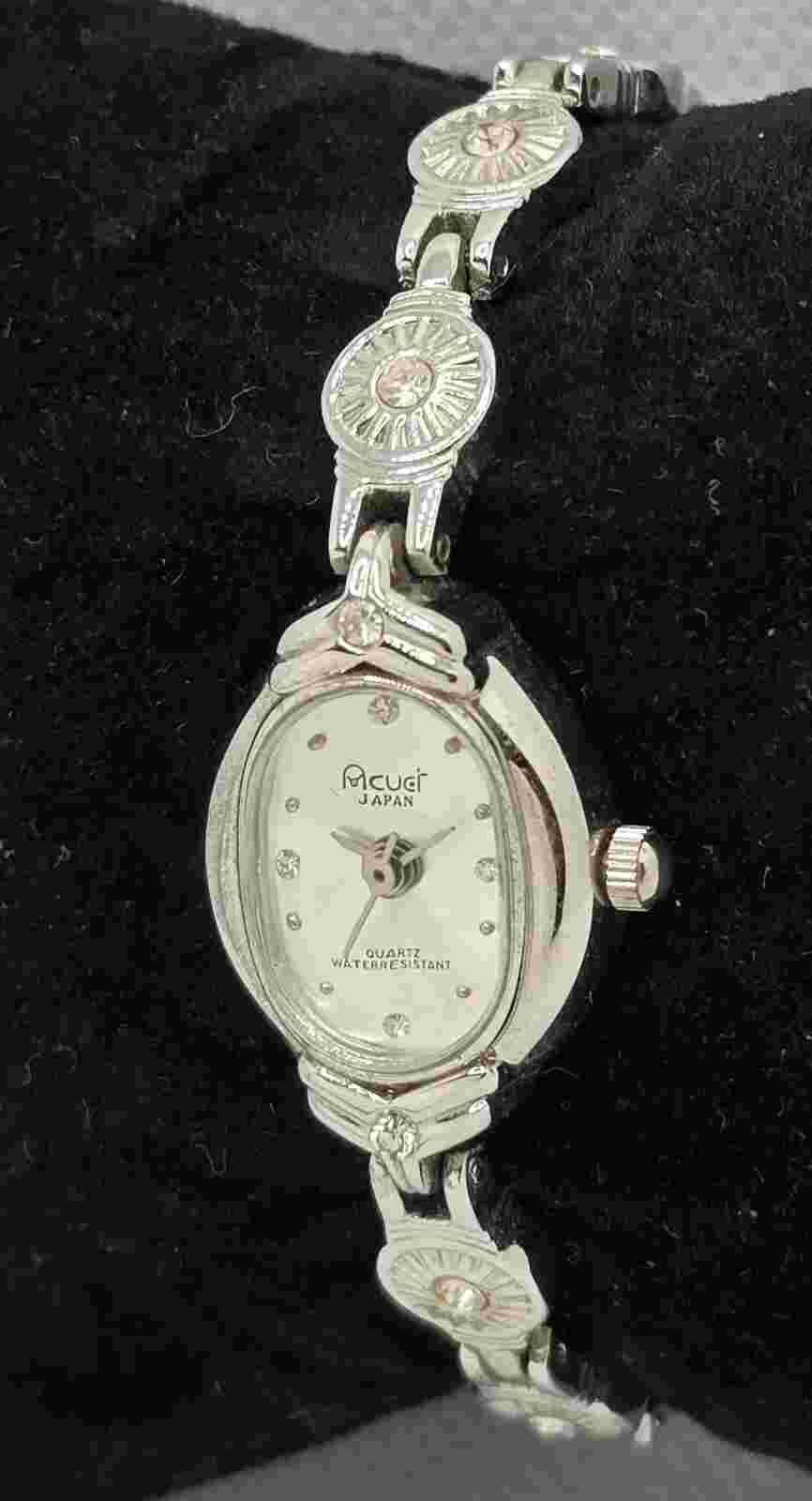 Women's Vintage Acuet Oval Silver Tone Crystal Accented Bracelet Band Watch 04