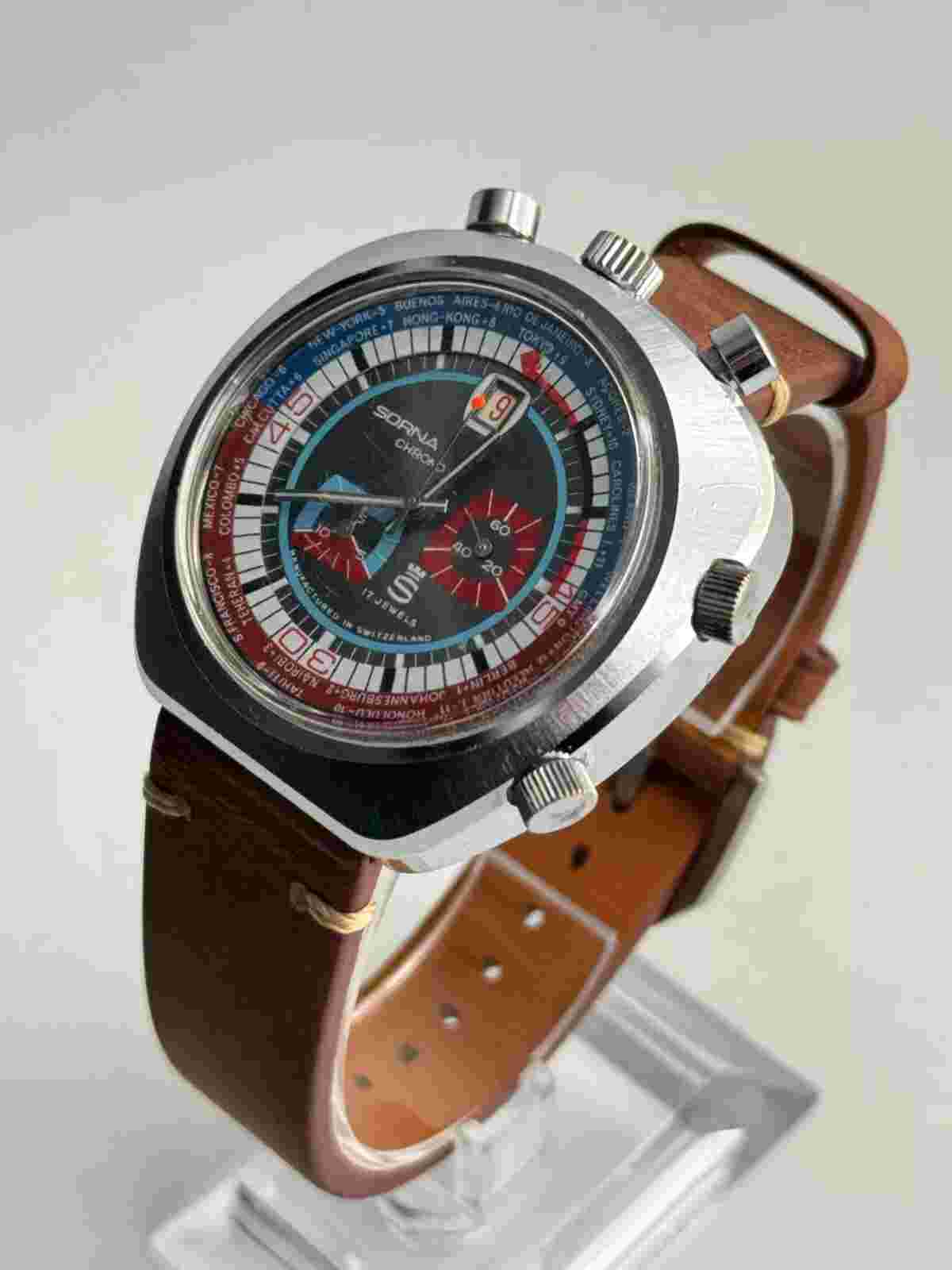 Sorna Swiss Mechanical Bullhead Chronograph 5 Crowns Original 1970 5 Colors Dial