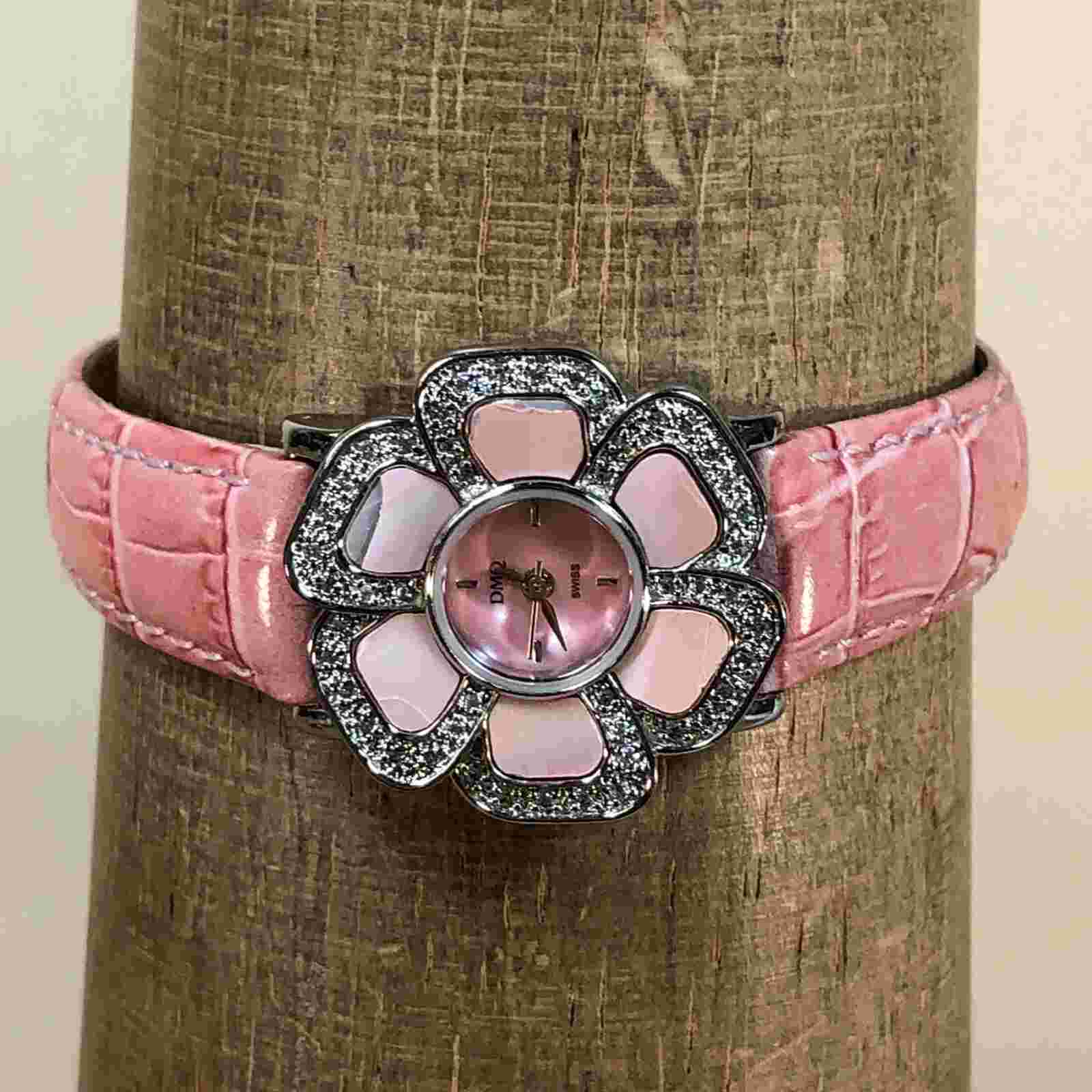 DMQ Womens Pink Flower Rhinestones Leather Band Quartz Watch