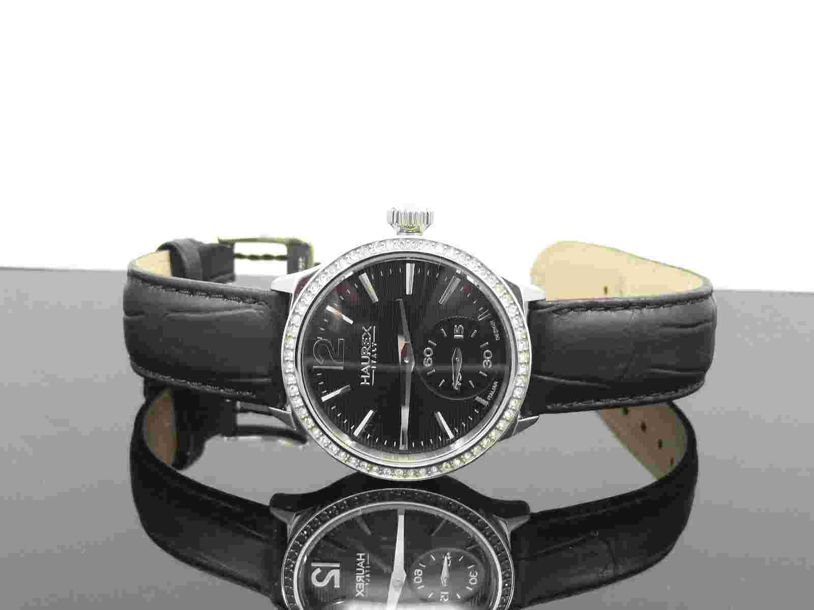 Haurex Italy Womens FS341DNN Grand Class Crystal Bezel Black Leather Band Watch