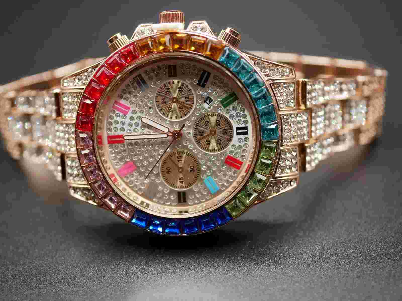 rose gold diamond watch set with simulated rainbow diamonds