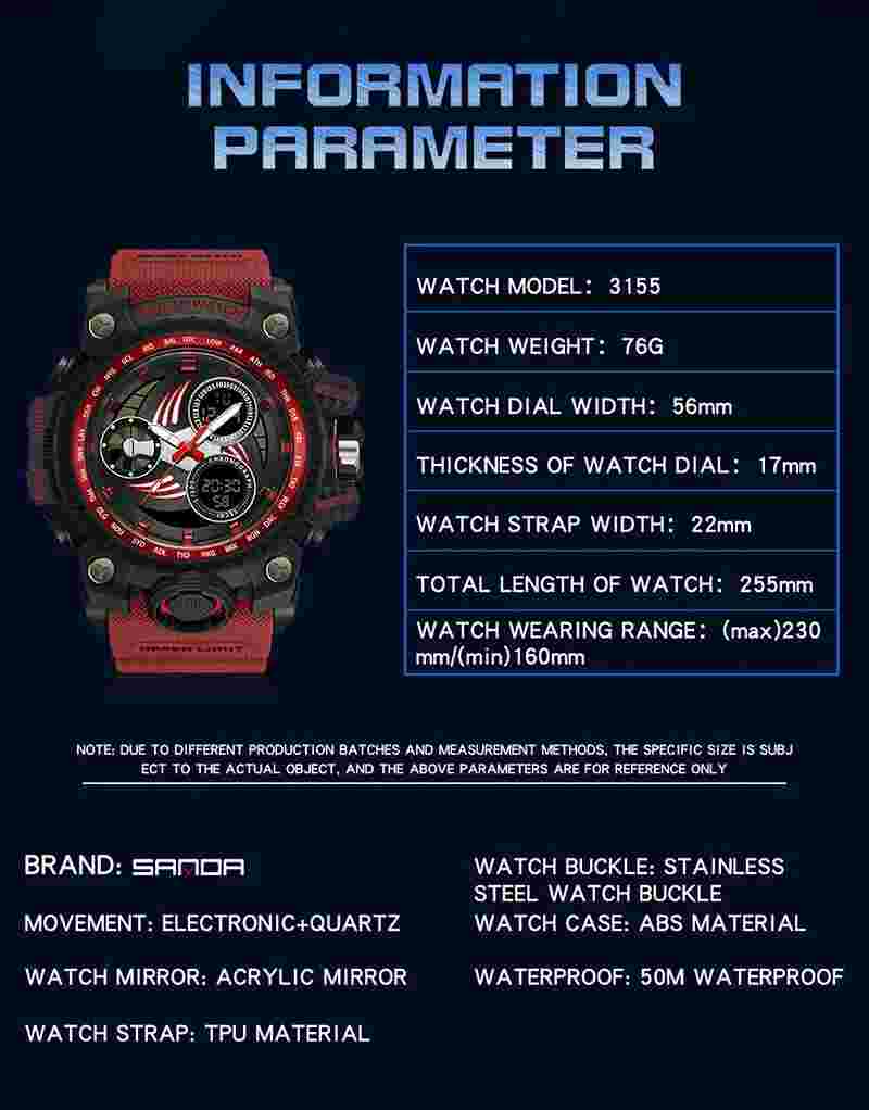 SANDA Men's Watches Military Quartz Dual Display Digital Wristwatch For Male