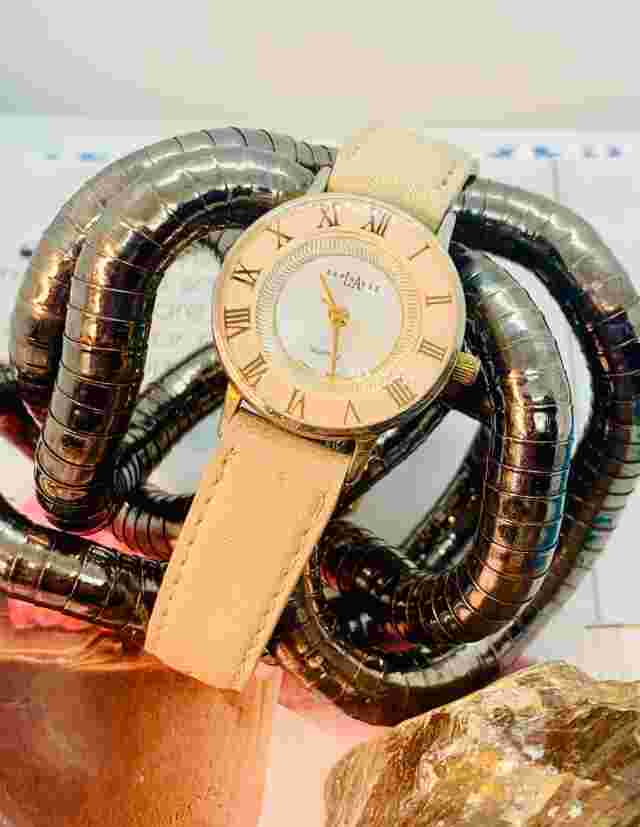 L.A. Express Retro LAX231 Beige/Gold Tone Leather Women's Watch New Battery!