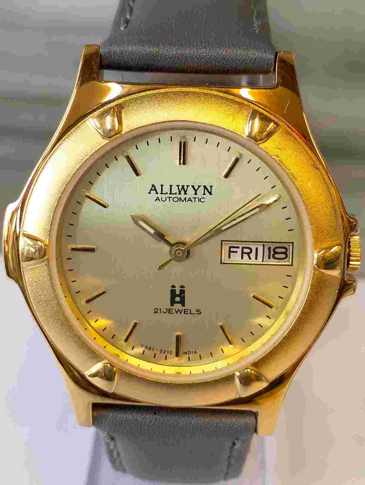 ORIGINAL ALLWYN AUTOMATIC 21J NOS GOLD DIAL Y381-8460 INDIA MEN'S FULL WORKING