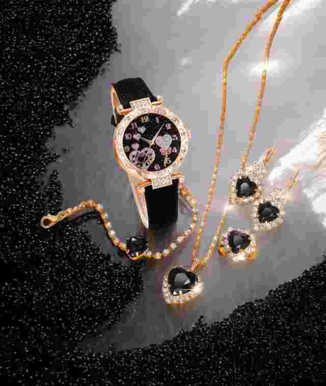 Gold Watch Jewellery Set Includes 5 Items Watch Earrings Bracelet Necklace Ring