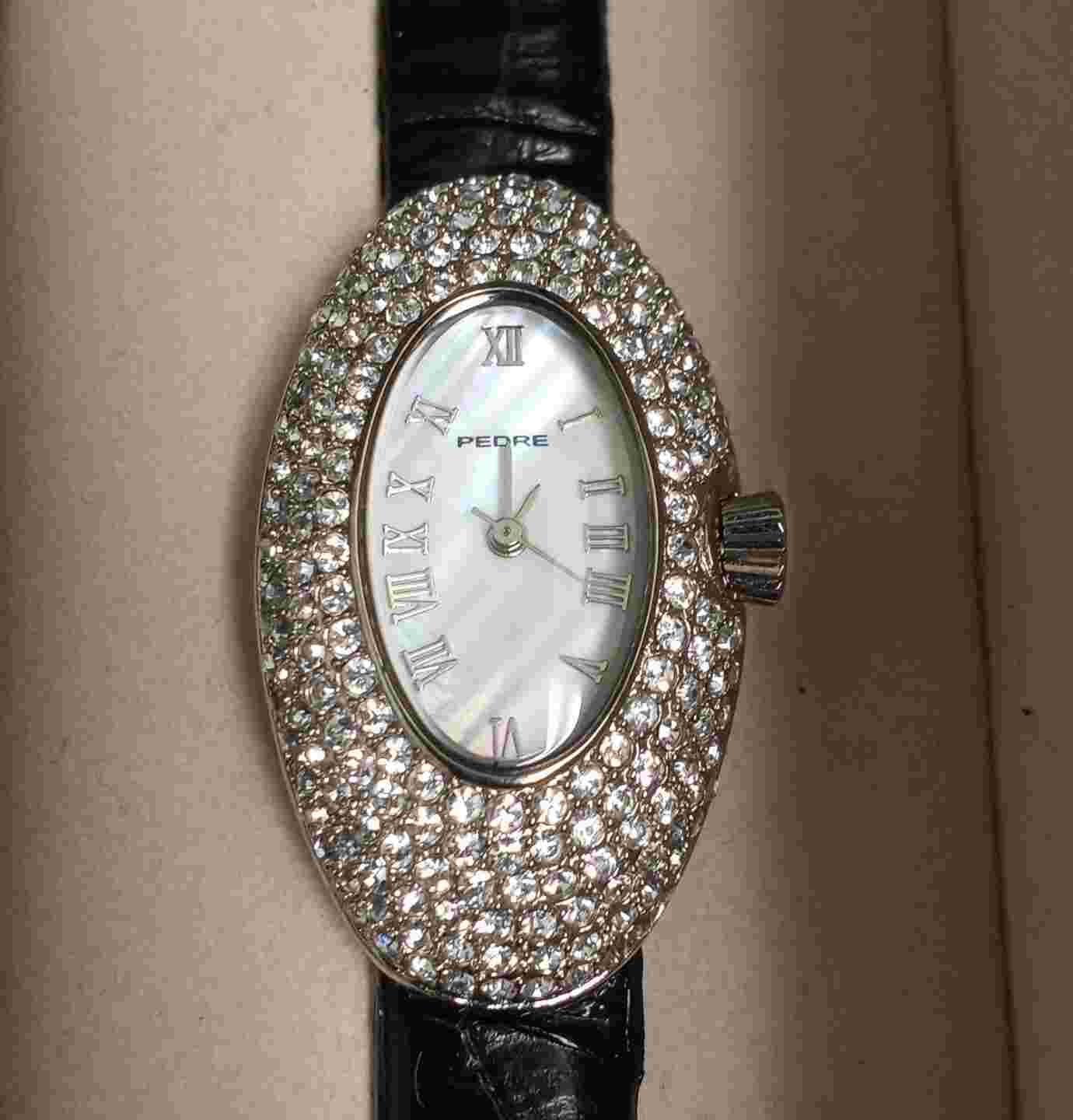 NEW Pedre Mother of Pearl Jewel Encrusted Watch with Black Leather Band
