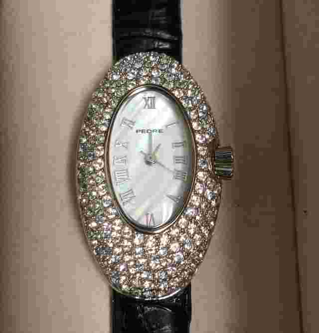 NEW Pedre Mother of Pearl Jewel Encrusted Watch with Black Leather Band