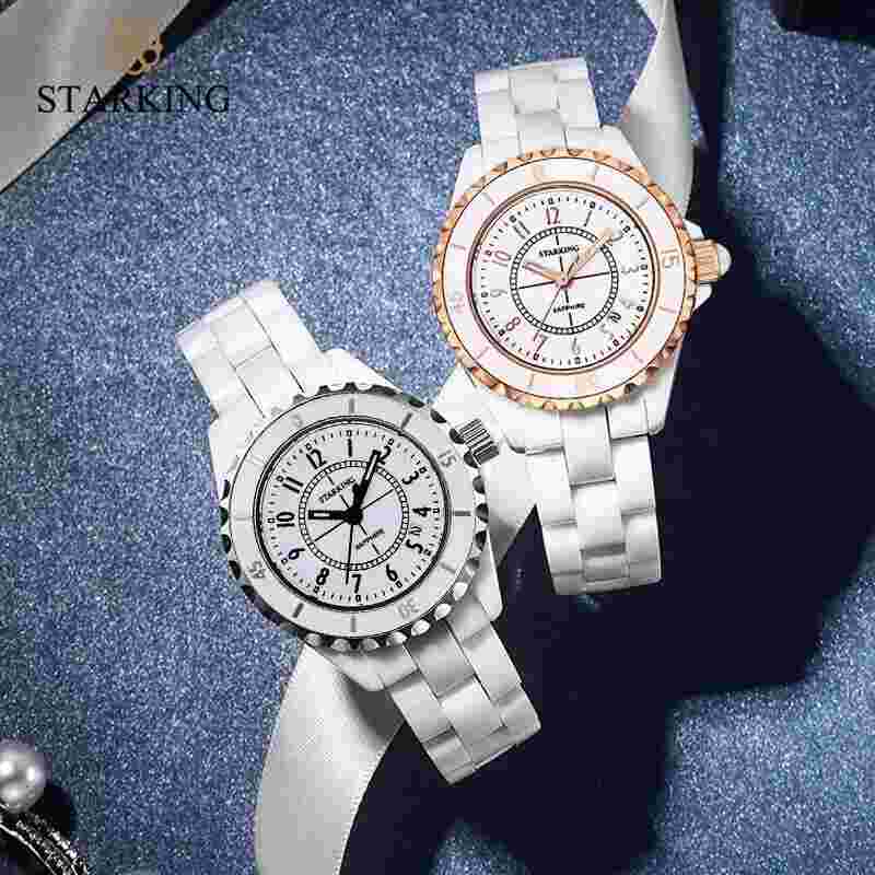 STARKING 32MM White Ceramic Quartz Round Dial Women's Luxury Wristwatch 30ATM