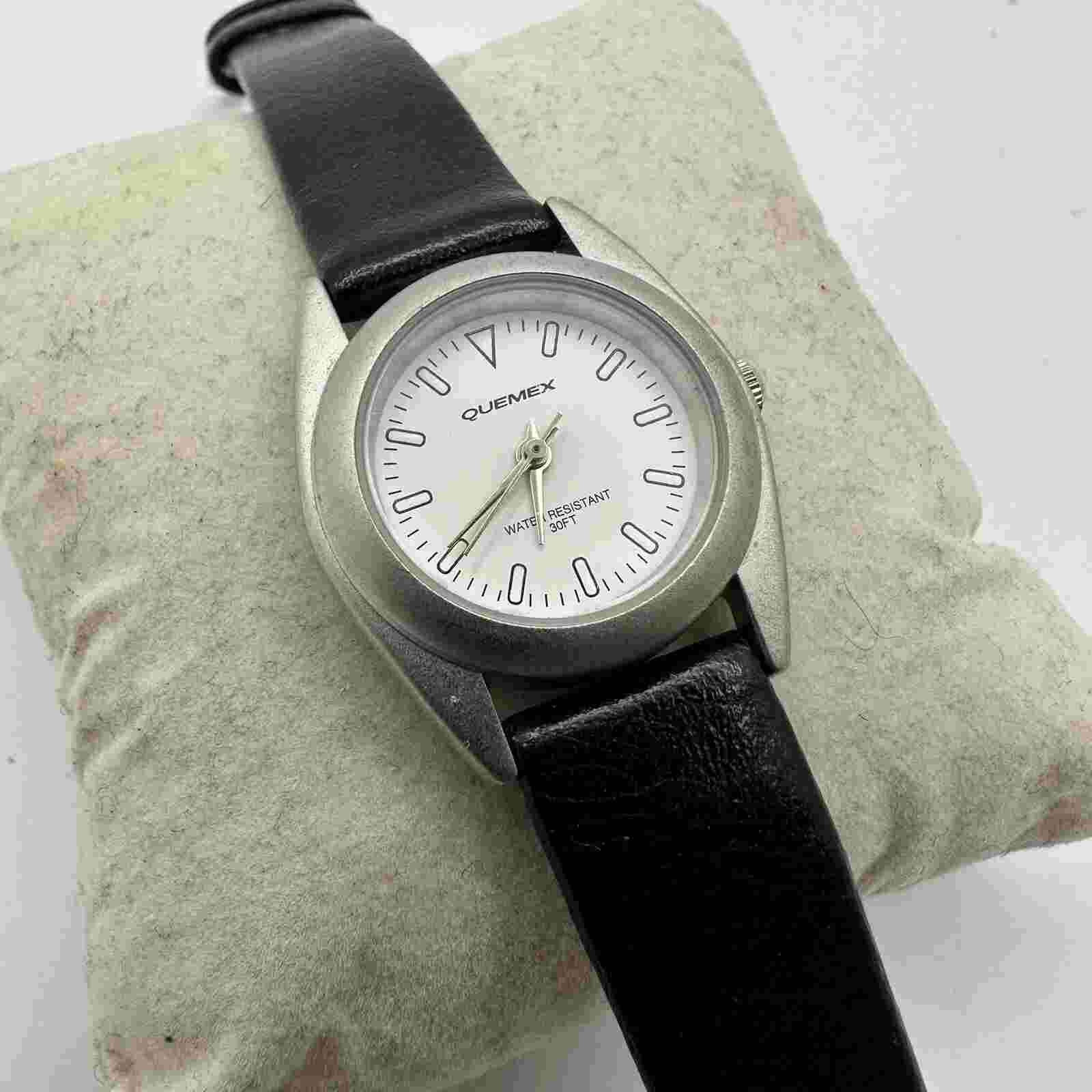 Quemex Ladies Quartz Watch Silver Tone Black Buckle Band New Battery