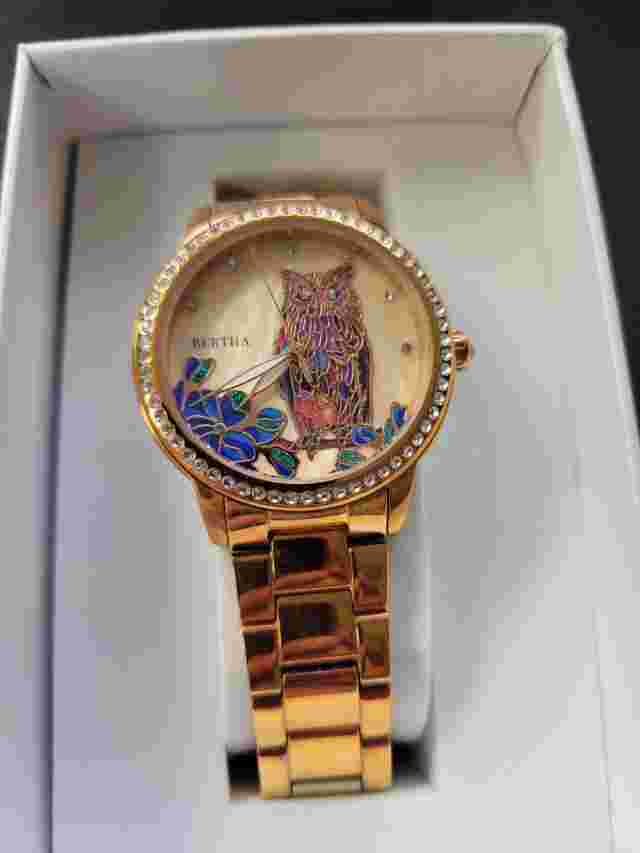 Women's Bertha Madeline Owl Watch Rose Gold Band Mother Of Pearl Engraved Face