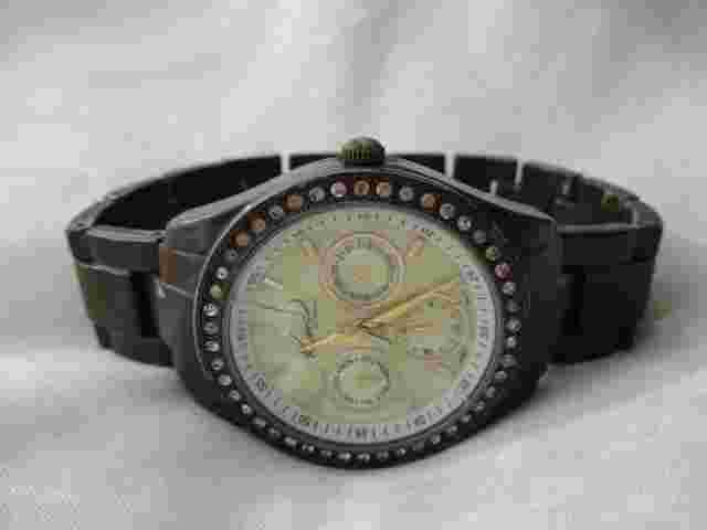 Kim Rogers Watch, Rhinestones, Dark Brown Metal Link Band, WORKING!