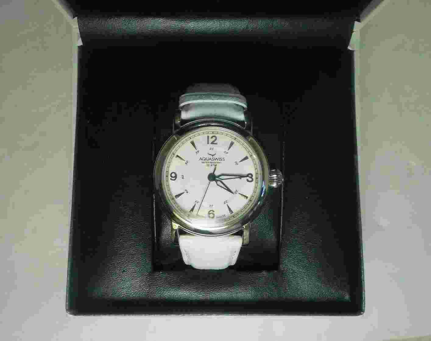 Aquaswiss Water Resistant 10 ATM Wrist Watch White Band Never Used