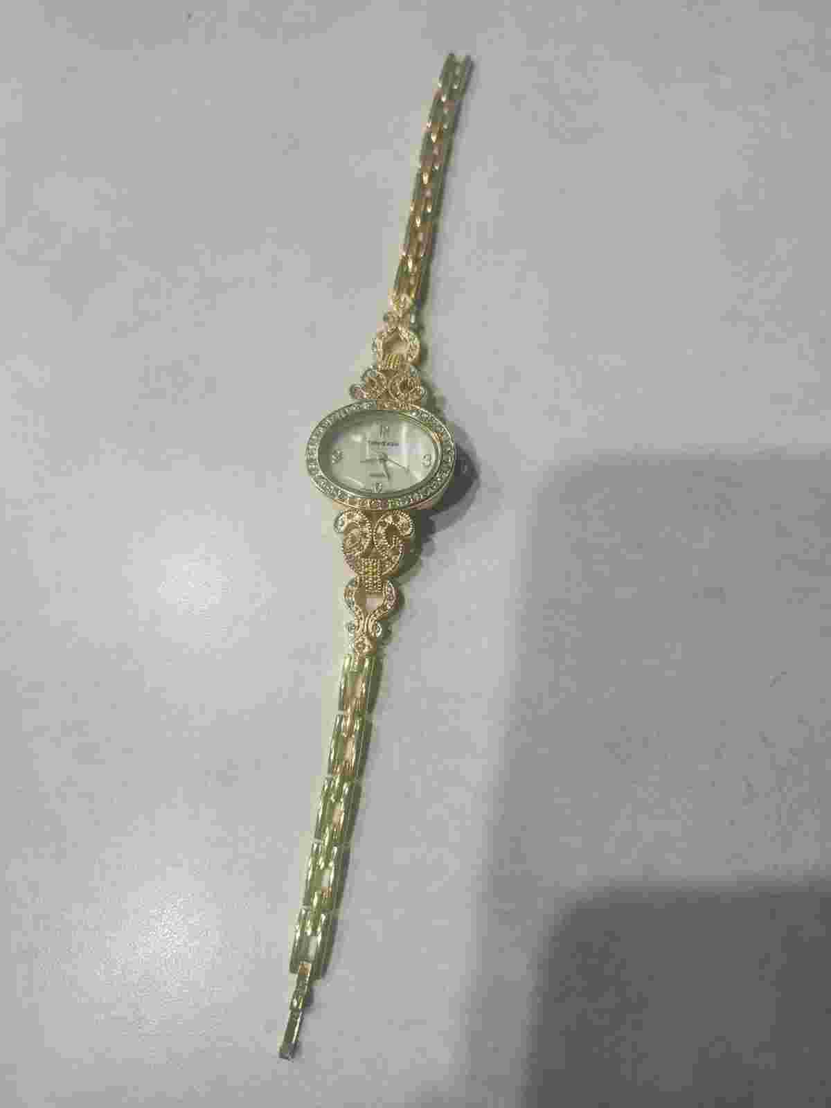 Cote d Azur Pearlized Dial Crystal Accent Goldtone Oval Case Bracelet Band Watch