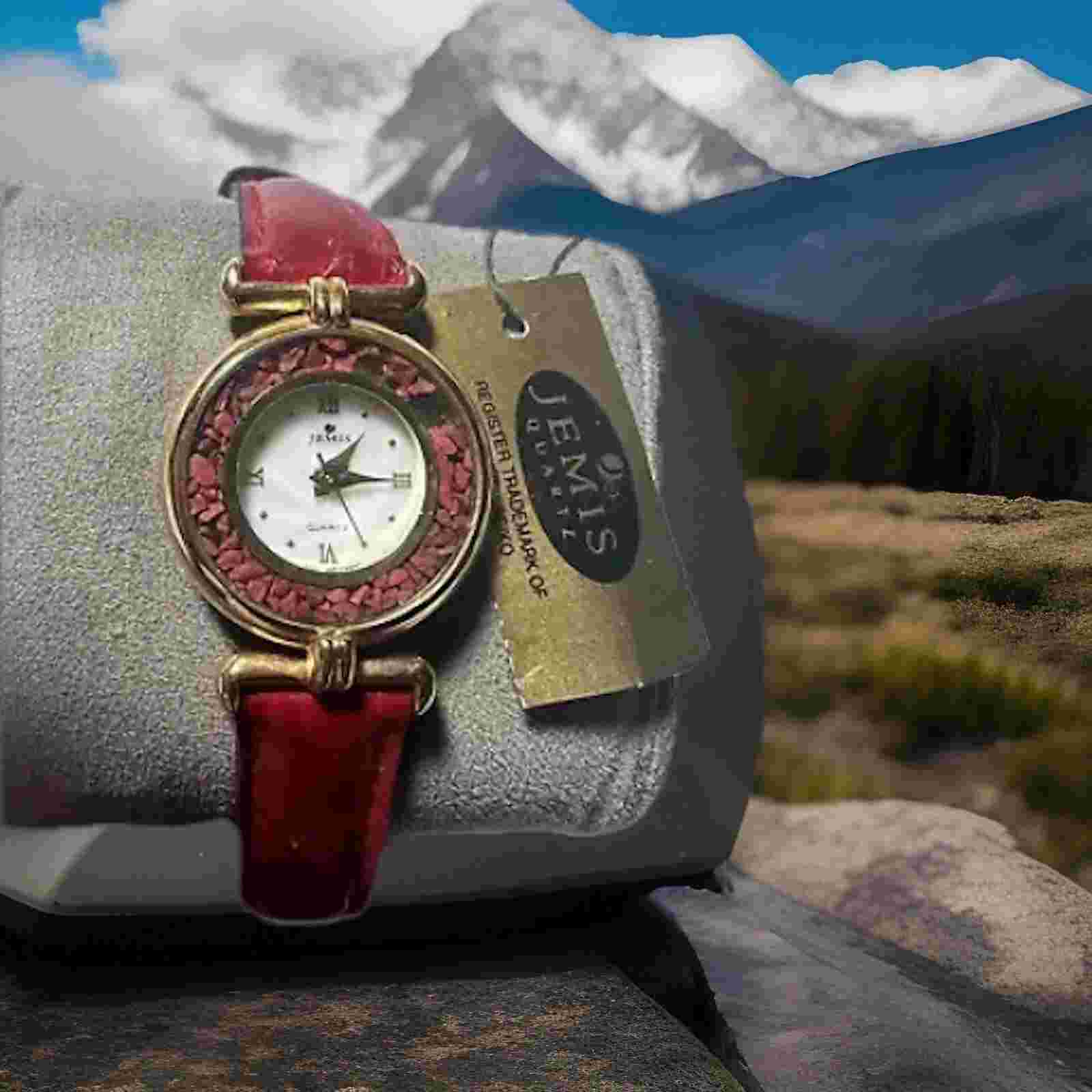 jemis watch, broken stone On Bezel, mother Of Pearl Face,27mm Case,RED￼ Leather
