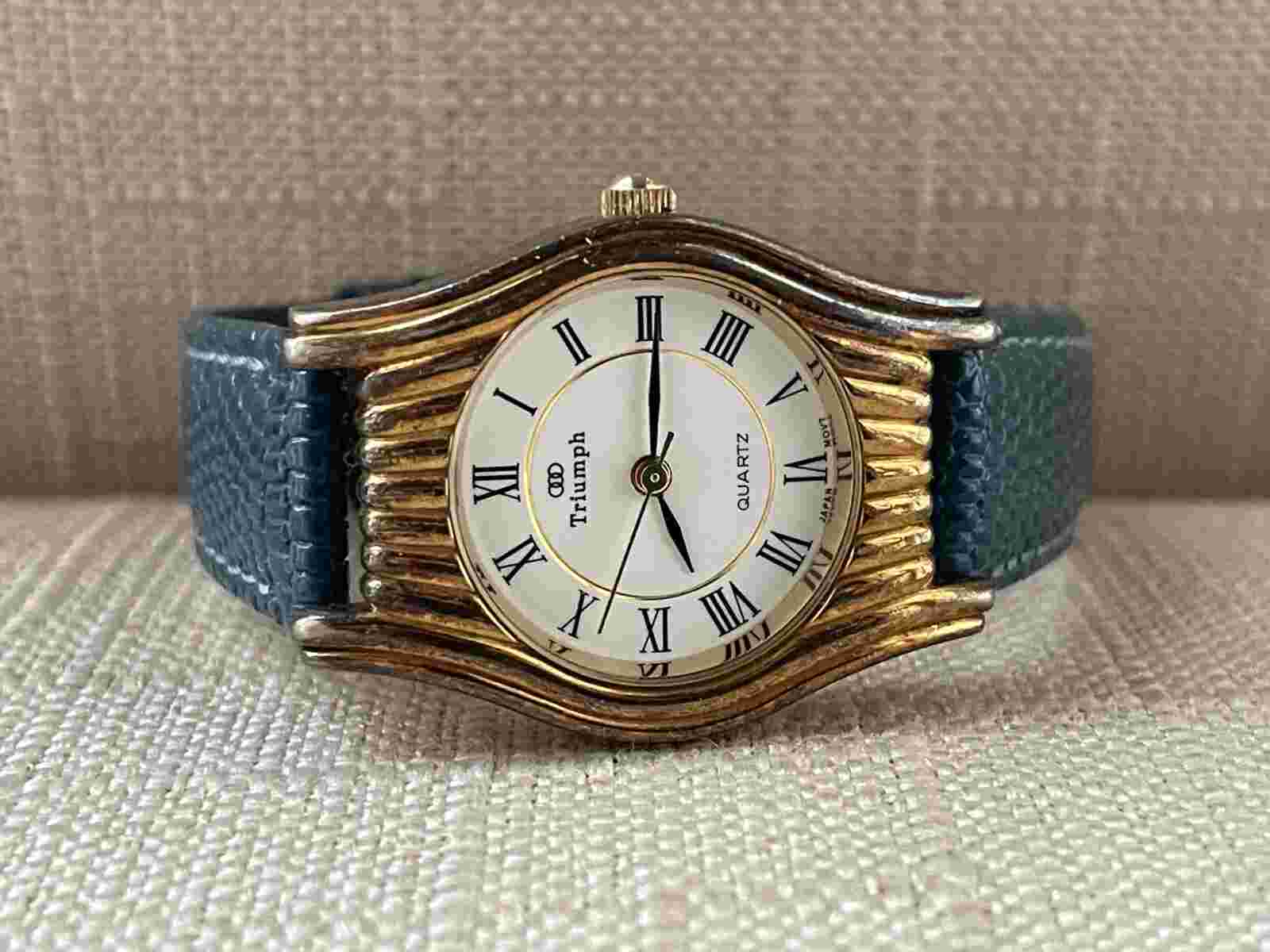 Vintage Triumph Ladies Wristwatch Blue Leather Band Japan Movement Analog Watch