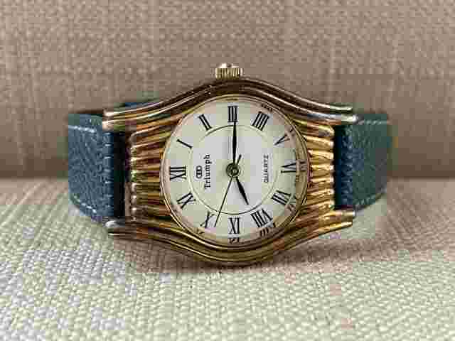 Vintage Triumph Ladies Wristwatch Blue Leather Band Japan Movement Analog Watch